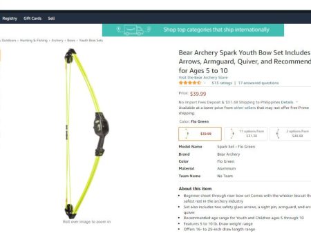 20422016 BEAR ARCHERY SPARK ORANGE YOUTH BOW WITH ARROWS Discount